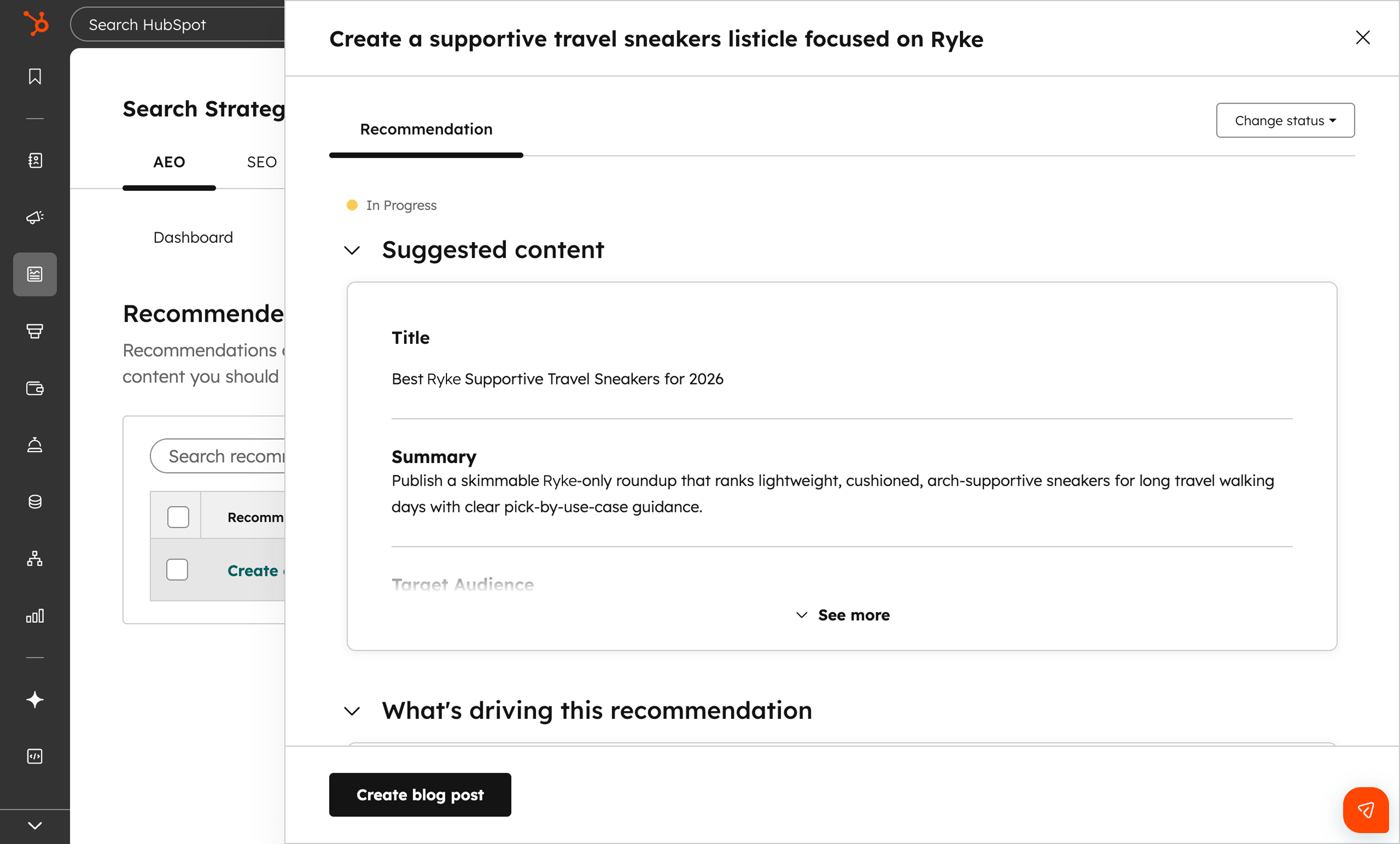 HubSpot AEO recommendation showing suggested content creation with Create blog post action
