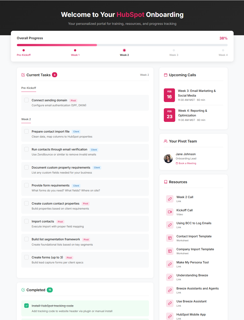 Pivot onboarding tracker portal