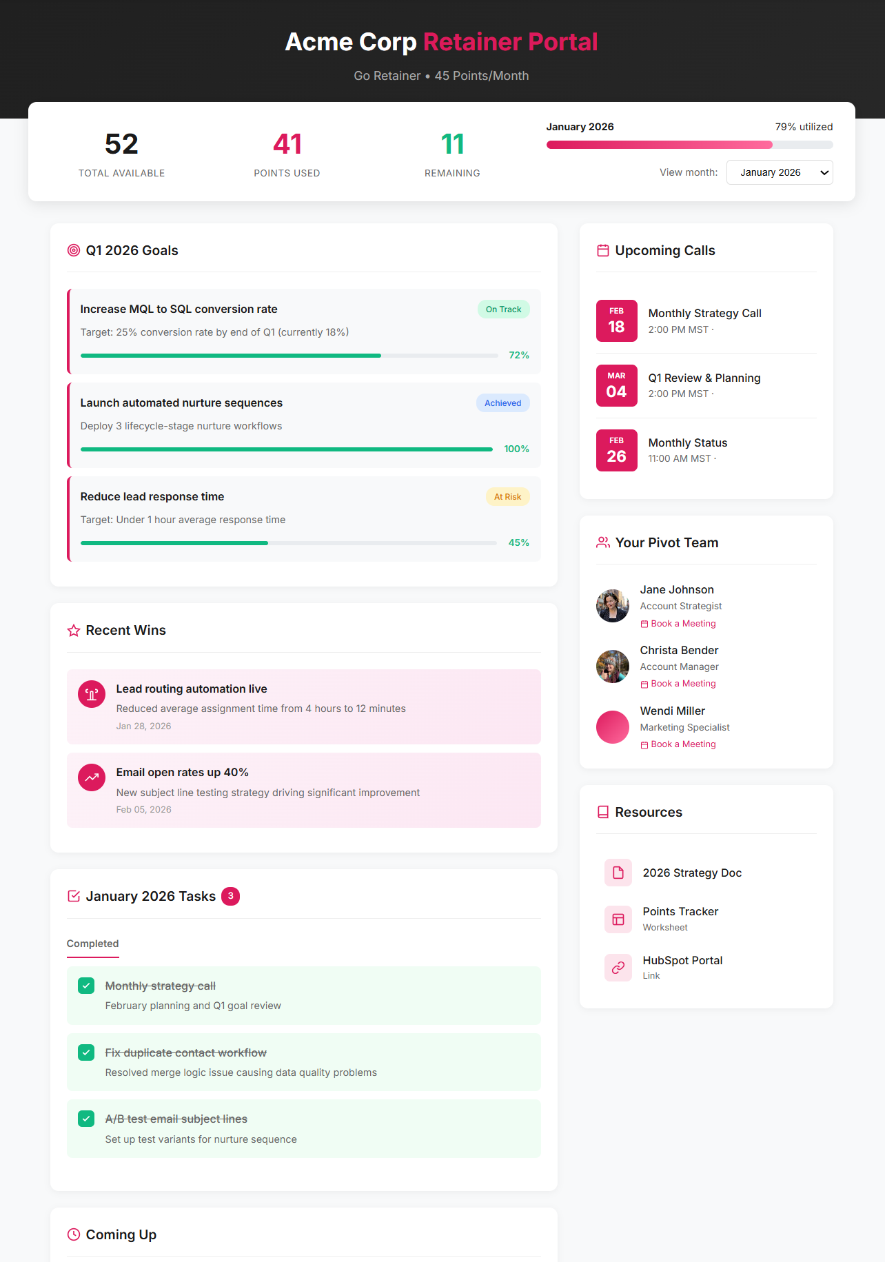 Pivot retainer tracker portal
